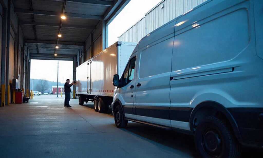a Setpoint Reefer Service-branded service van parked next to a refrigerated trailer at a loading dock