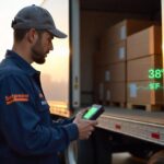 a Setpoint technician work with digital temperature monitoring device next to an open refrigerated trailer