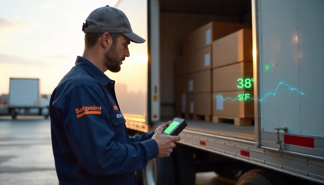 a Setpoint technician work with digital temperature monitoring device next to an open refrigerated trailer